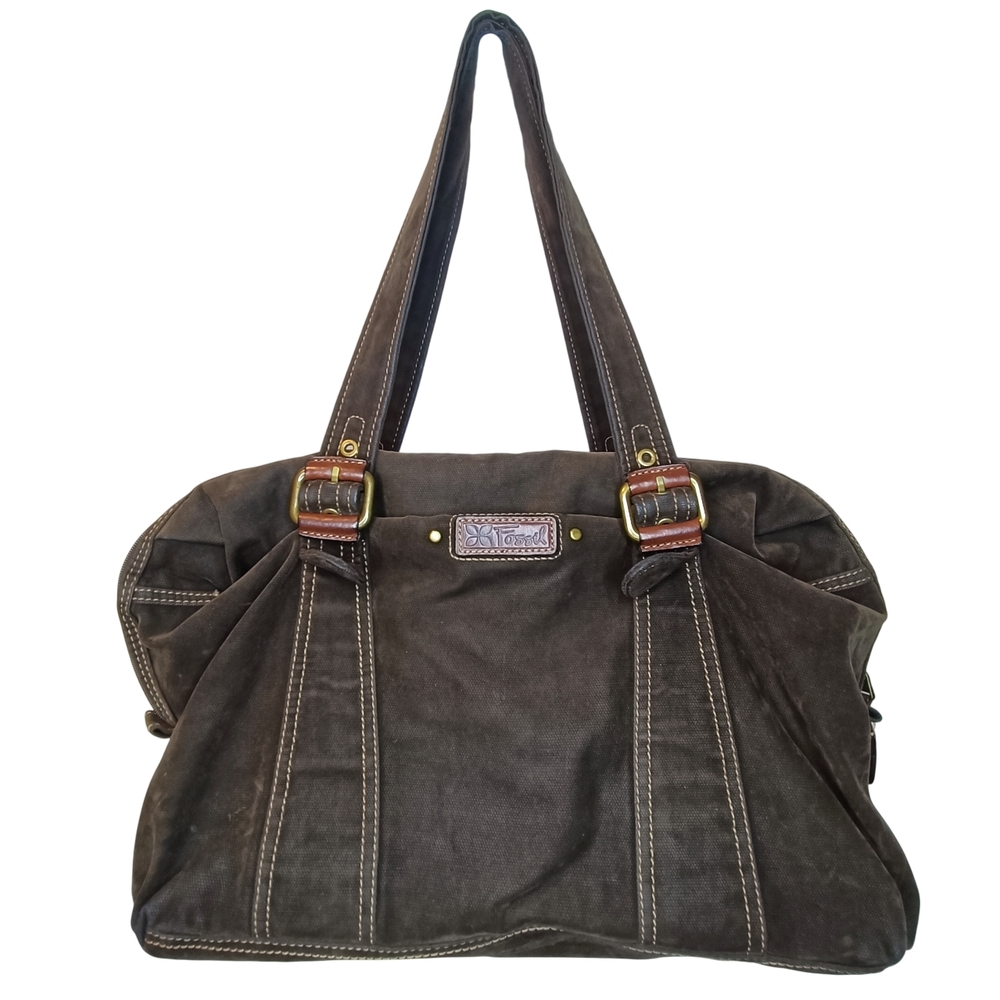 Fossil Vintage Brown/Green Canvas & Leather Duffel Bag Spacious Weekender